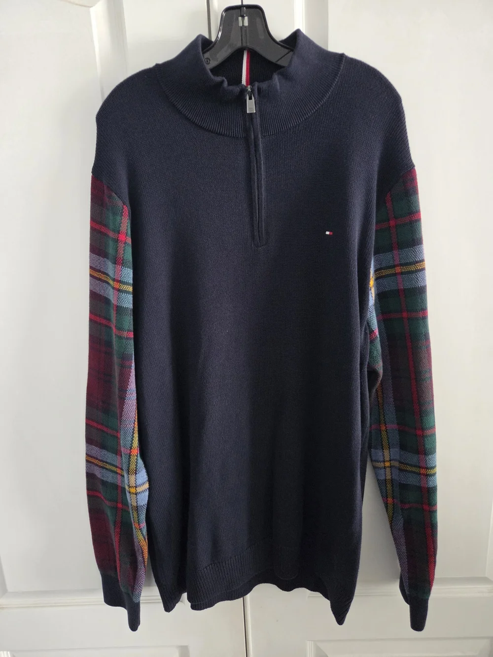 Tommy Hilfiger Navy Half-Zip Sweater with Plaid Sleeves